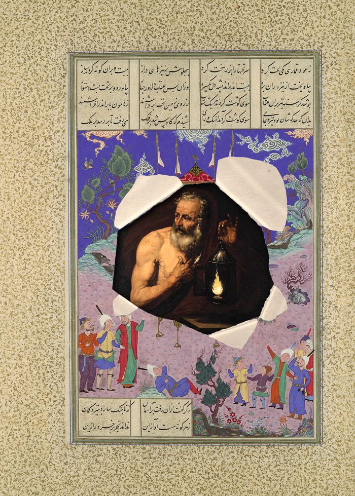 کولاژ آرزو: برگی دریده از شاهنامه و دیوژن با چراغ / The Wish collage: a torn leaf of the Shahnameh and Diogenes with his lantern